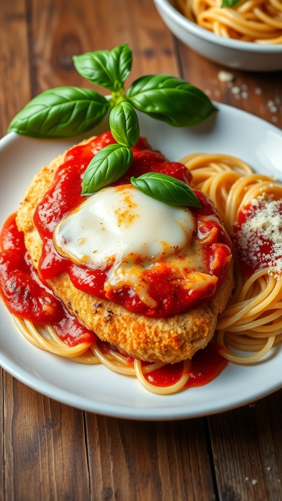 A plate of Chicken Parmesan with marinara sauce and melted cheese, garnished with basil, served with spaghetti.